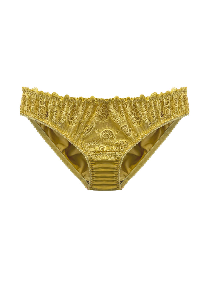 Aurelia gold silk knicker with lace front panel - handmade luxury lingerie by Ayten Gasson