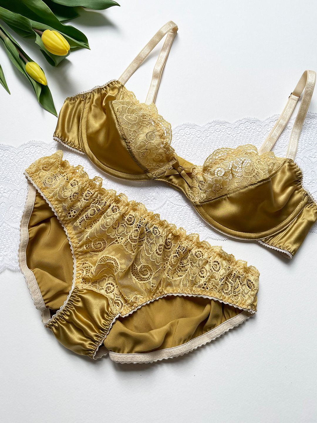 Aurelia gold silk and lace set - handmade luxury lingerie bra and knicker by Ayten Gasson