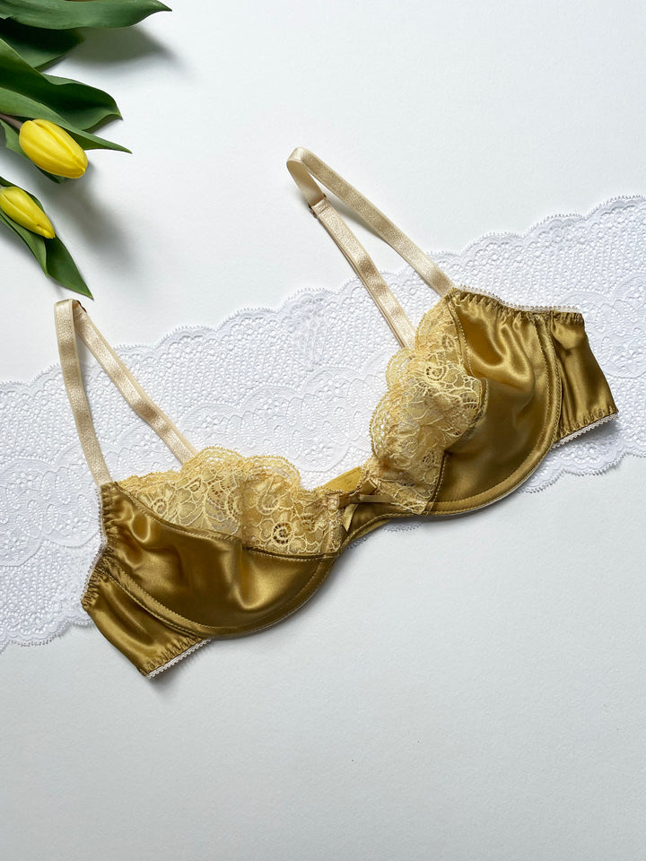 Aurelia gold silk plunge bra lifestyle - luxury handmade lingerie made in Brighton UK