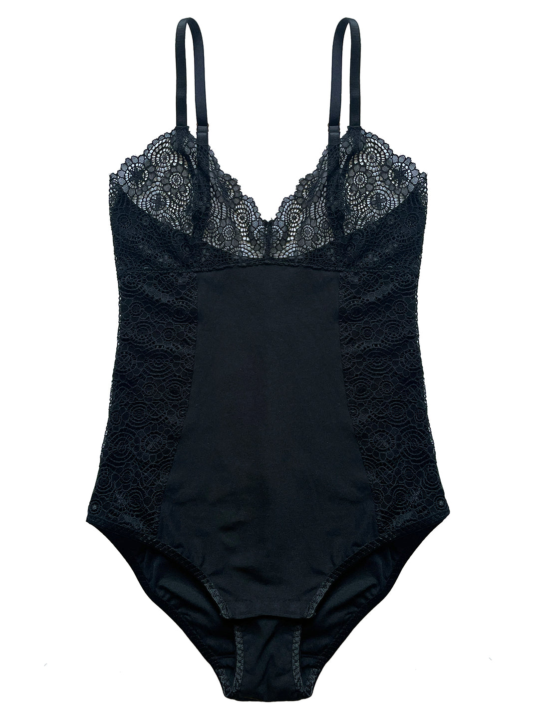 Ava black organic bamboo bodysuit with recycled lace cups - sustainable luxury lingerie by Ayten Gasson