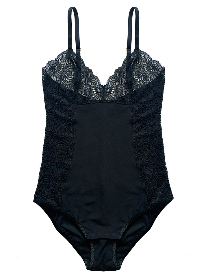 Ava black organic bamboo bodysuit with recycled lace cups - sustainable luxury lingerie by Ayten Gasson