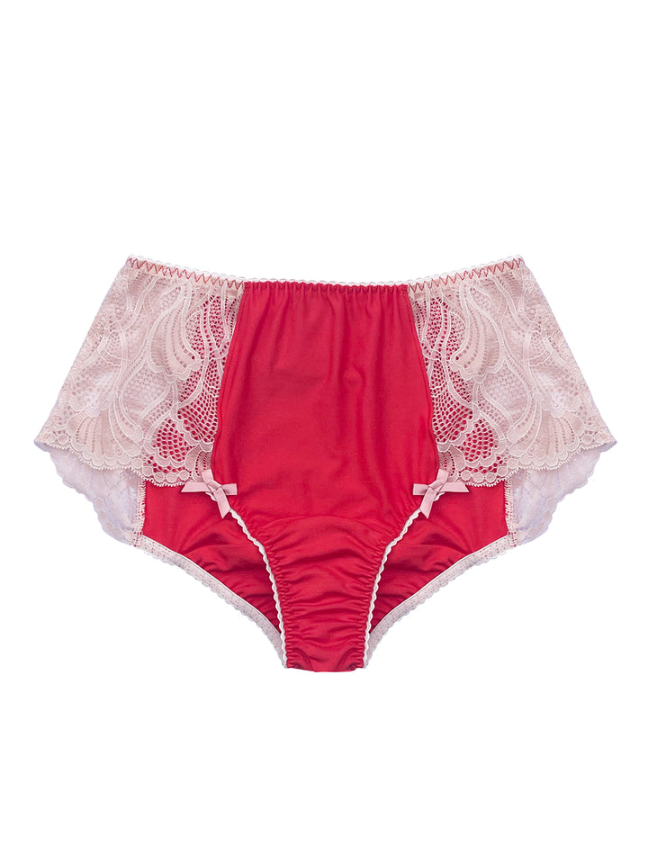 Ava Red Organic Bamboo Jersey &amp; Lace High Waisted Knicker