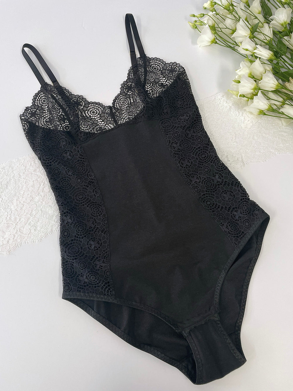 Ava organic bamboo bodysuit lifestyle with lace side panels - sustainable handmade luxury lingerie