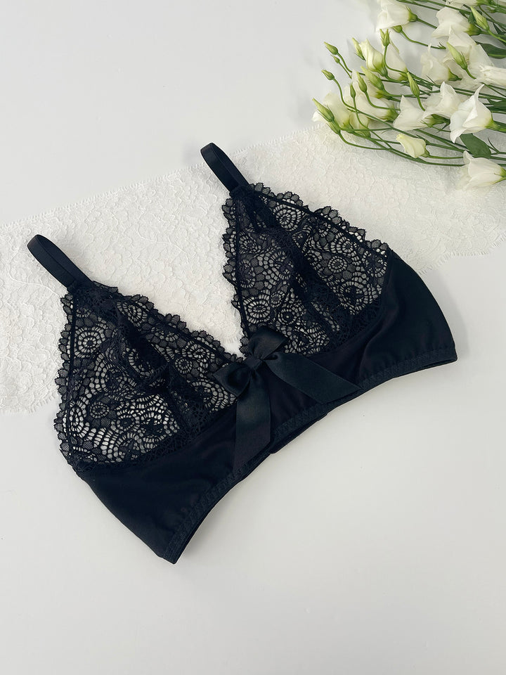 Ava organic bamboo bralette lifestyle - sustainable luxury lingerie with recycled lace and gold hardware