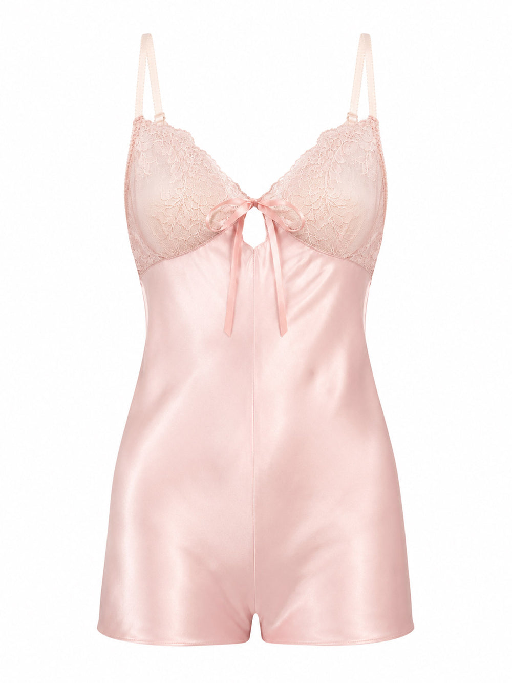 A light pink silk playsuit with lace cups, thin shoulder straps, and a front tie detail, shown against a plain white background. By Ayten Gasson
