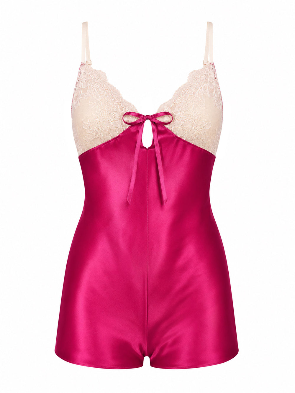 A women's silk playsuit in vibrant magenta pink, featuring a lace bralette top with a matching satin bow at the centre chest and thin shoulder straps. By Ayten Gasson