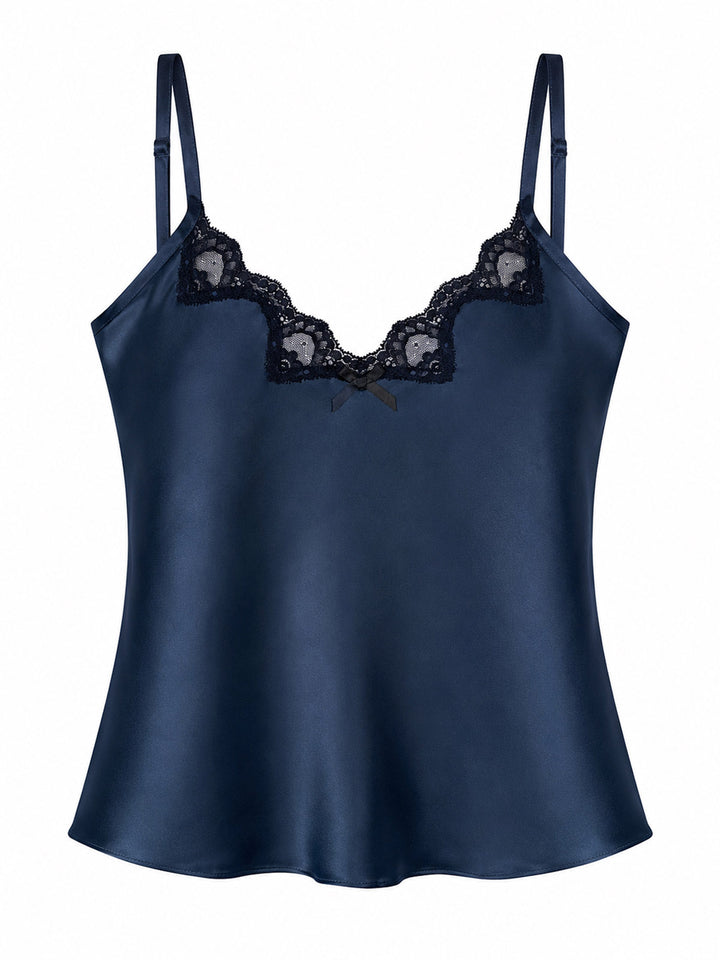 Luxury blue bamboo silk camisole with bias-cut and lace detail - eco-friendly handmade nightwear