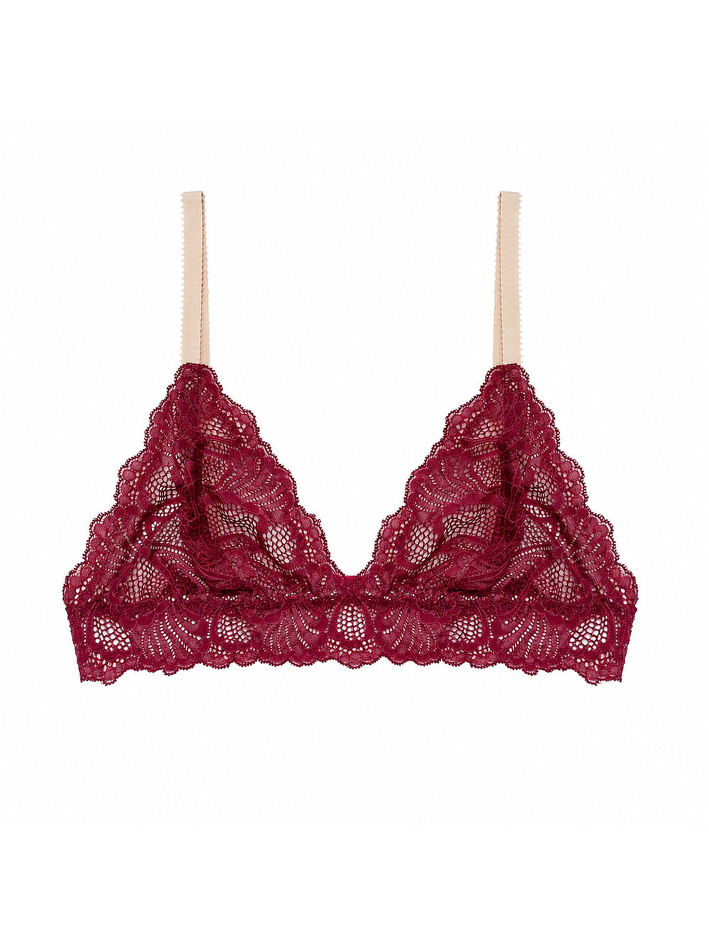 Beneath The Bloom burgundy lace bralette on white background - handmade luxury lingerie Brighton