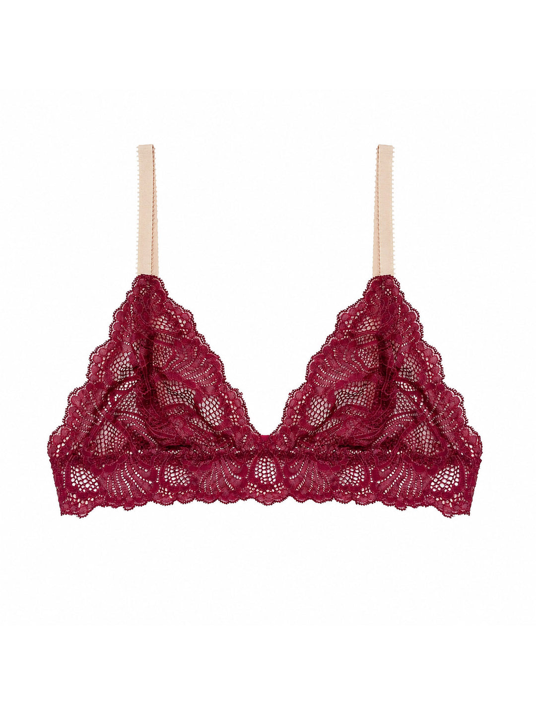 Beneath The Bloom burgundy lace bralette on white background - handmade luxury lingerie Brighton