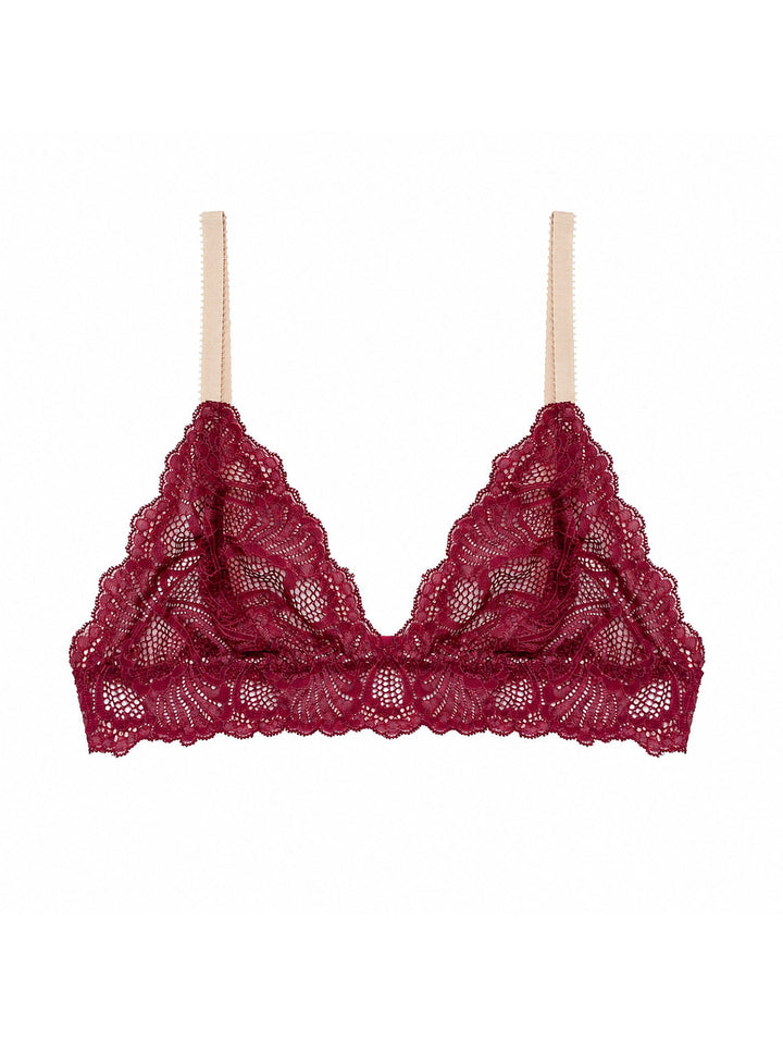 Beneath The Bloom burgundy lace bralette on white background - handmade luxury lingerie Brighton