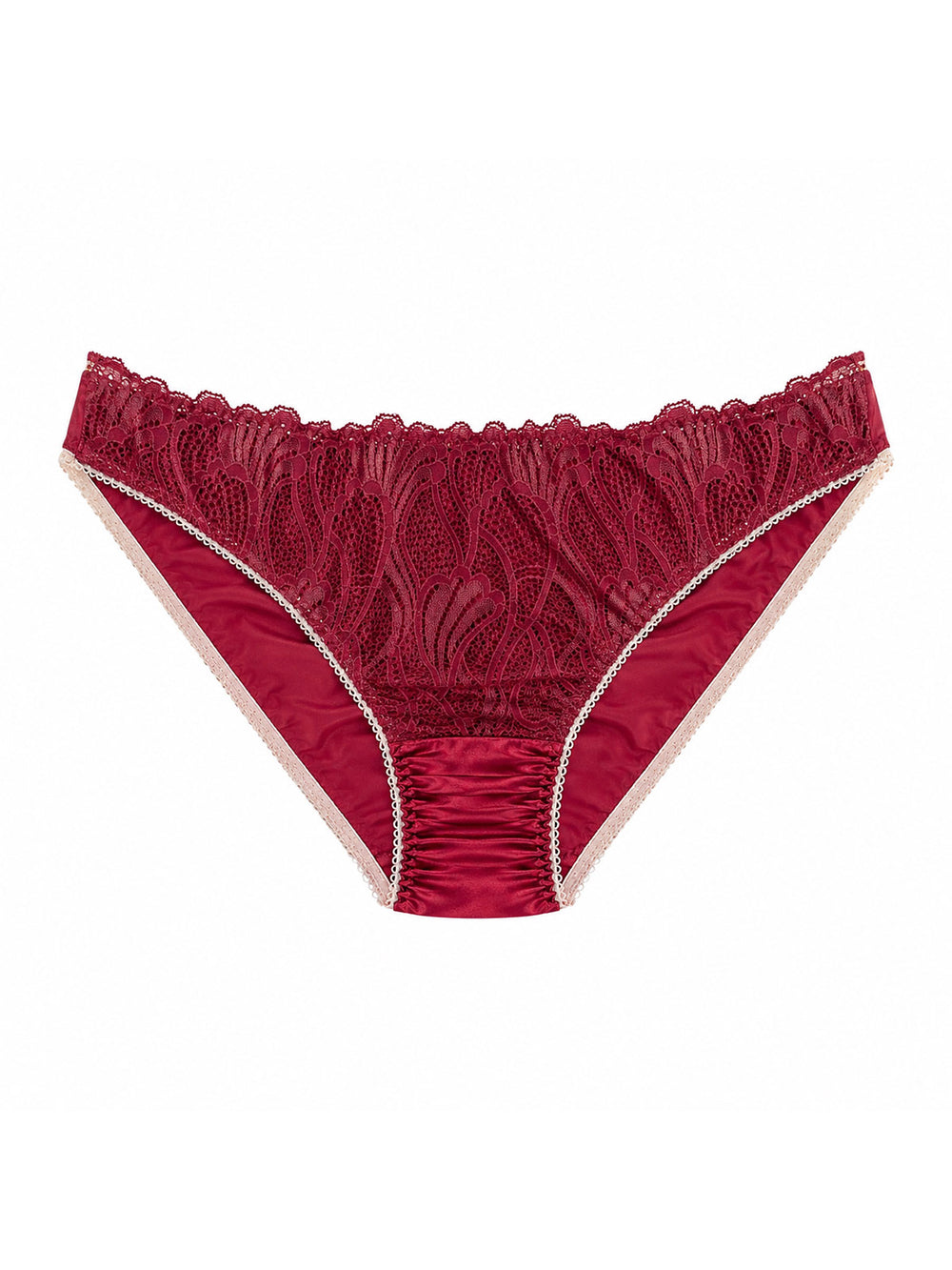 Beneath The Bloom burgundy silk knicker on white background - handmade luxury lingerie Brighton