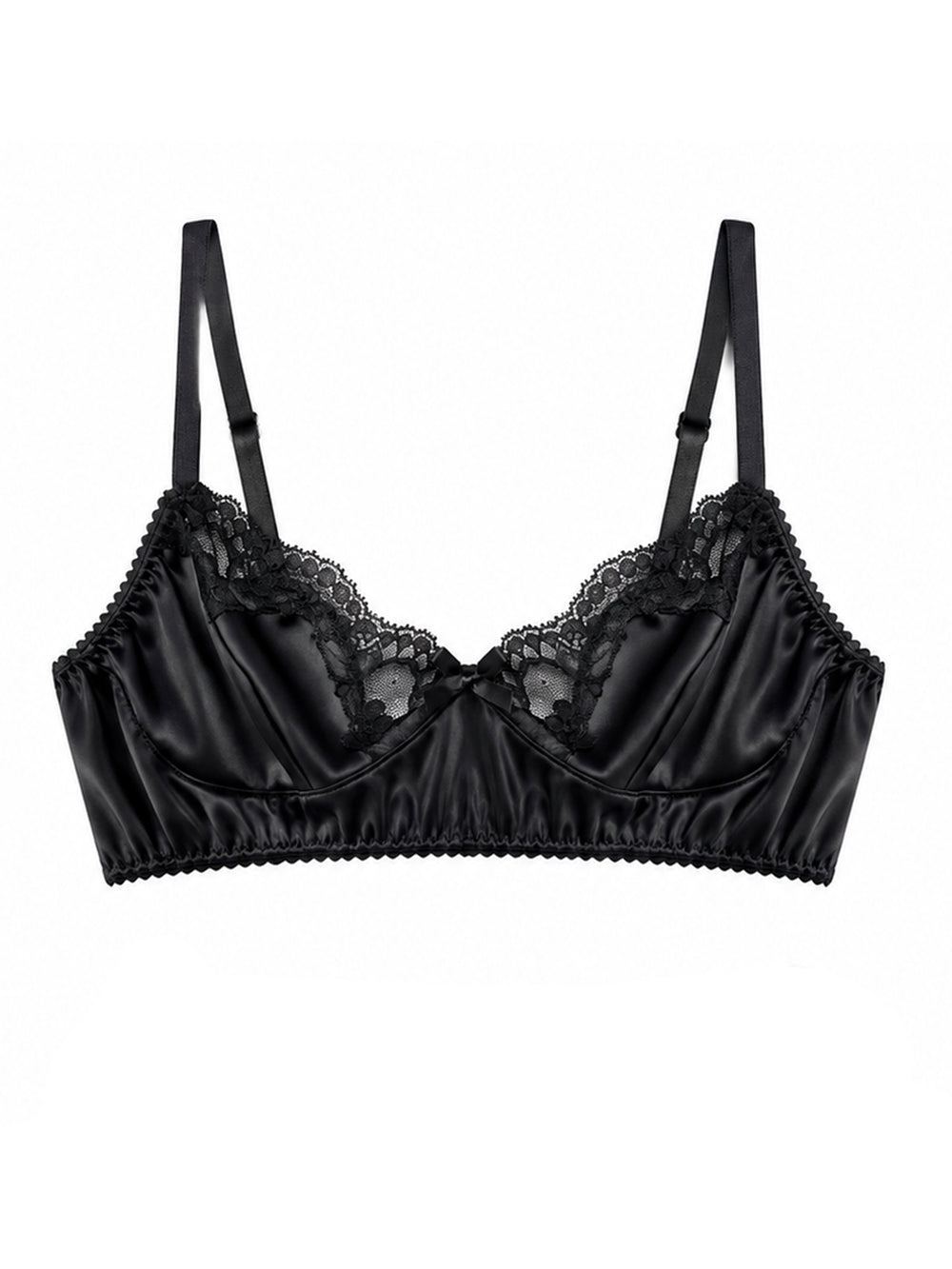 Harper black silk and lace non-wired bralette on white background - handmade luxury lingerie Brighton