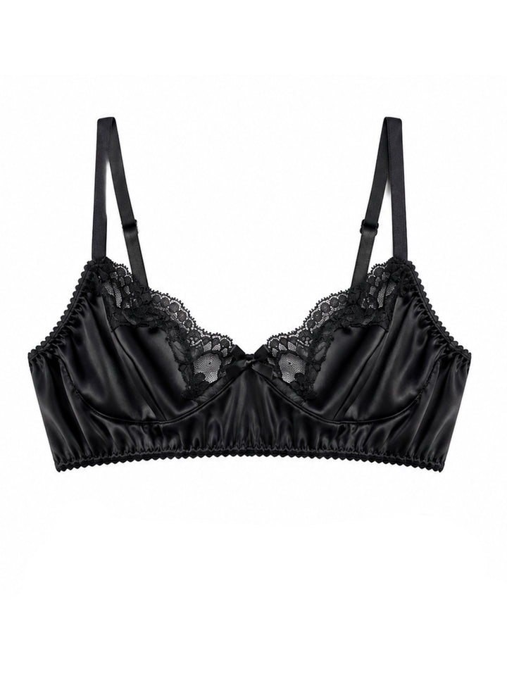 Harper black silk and lace non-wired bralette on white background - handmade luxury lingerie Brighton