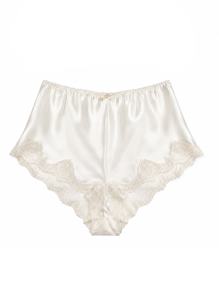 Harper ivory silk high-waisted knicker on white background - handmade luxury lingerie Brighton