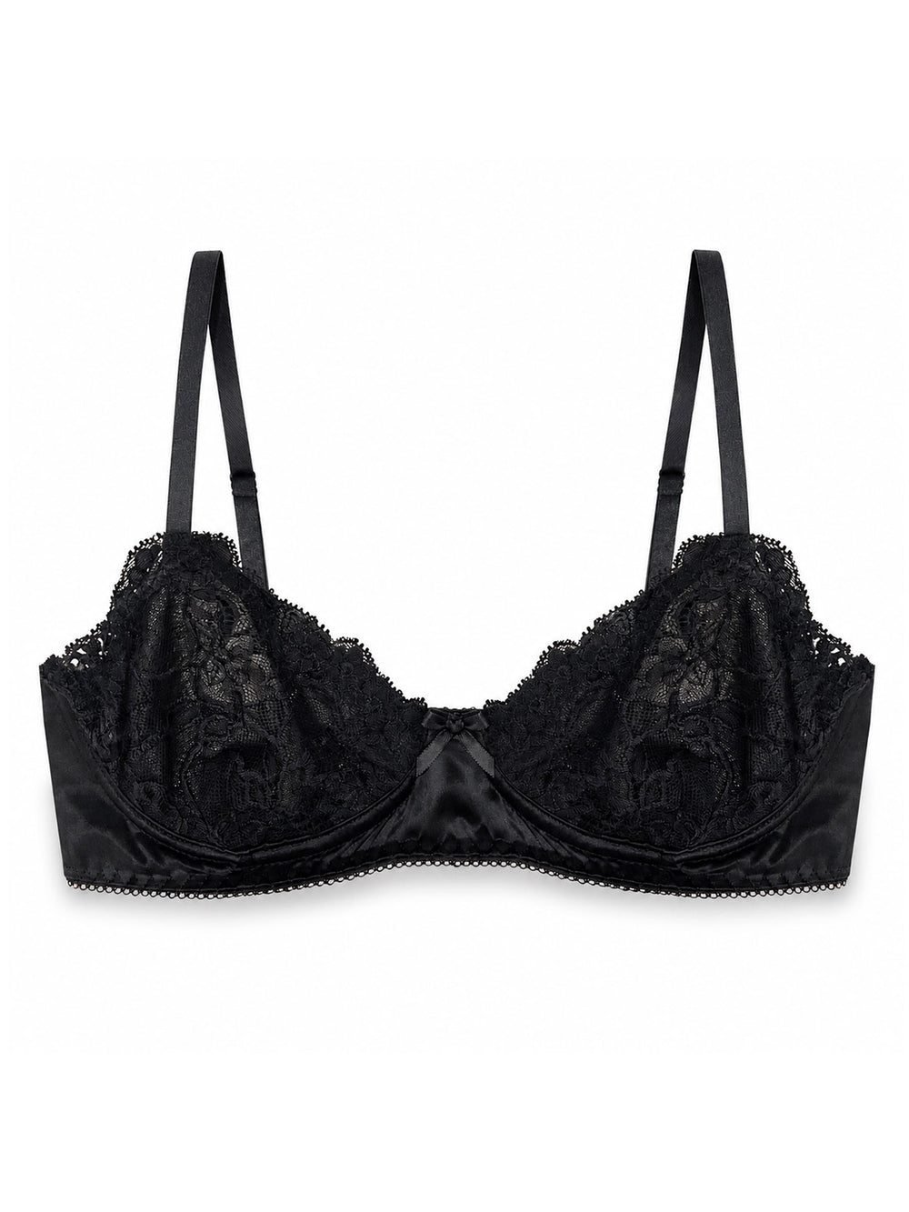 Luna black silk and lace balcony bra on white background - handmade luxury lingerie Brighton