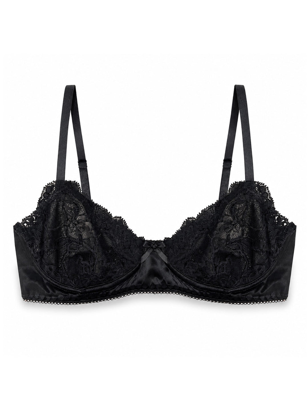 Luna black silk and lace balcony bra on white background - handmade luxury lingerie Brighton