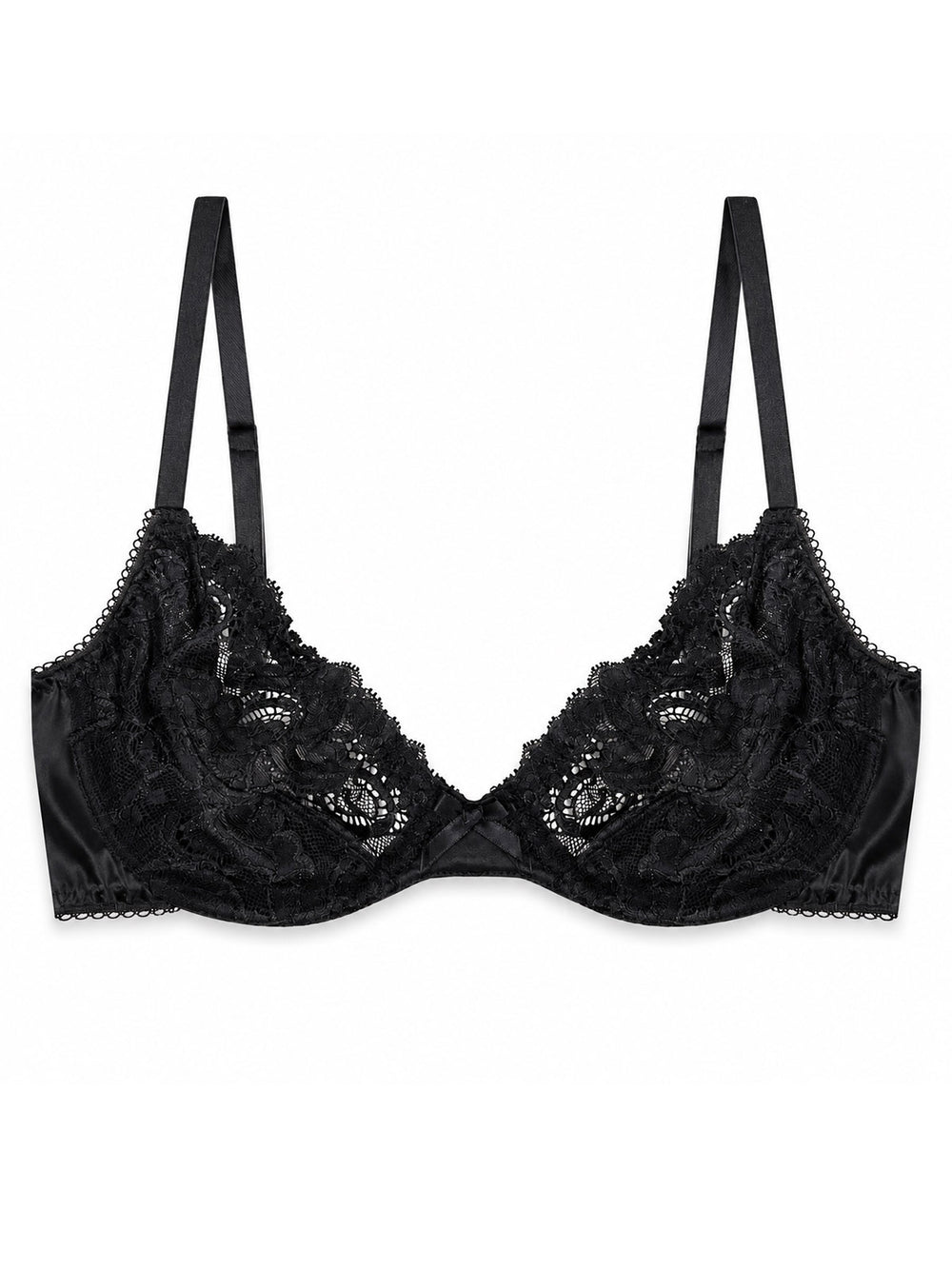 Luna black silk and lace plunge bra on white background - handmade luxury lingerie Brighton