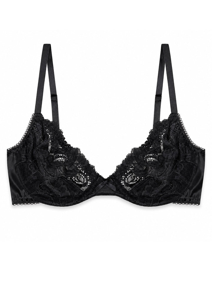 Luna black silk and lace plunge bra on white background - handmade luxury lingerie Brighton
