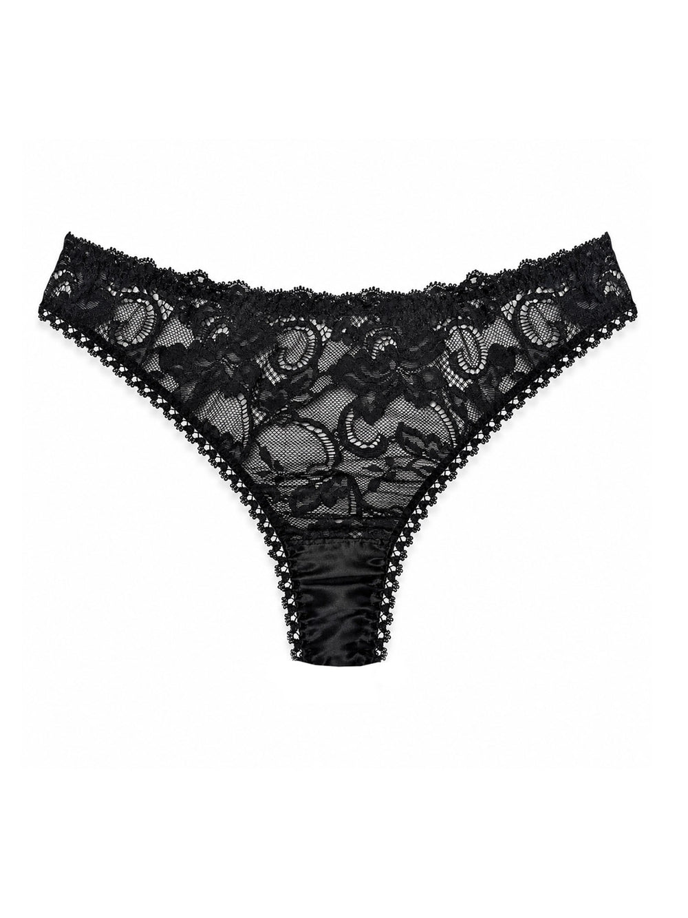 Luna black silk thong front view on white background - handmade luxury lingerie Brighton
