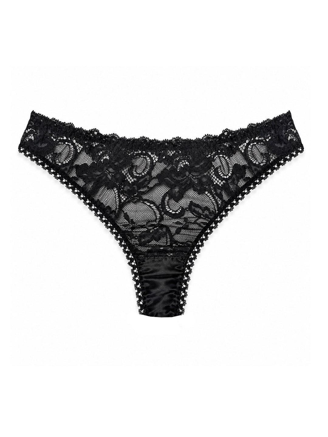 Luna black silk thong front view on white background - handmade luxury lingerie Brighton