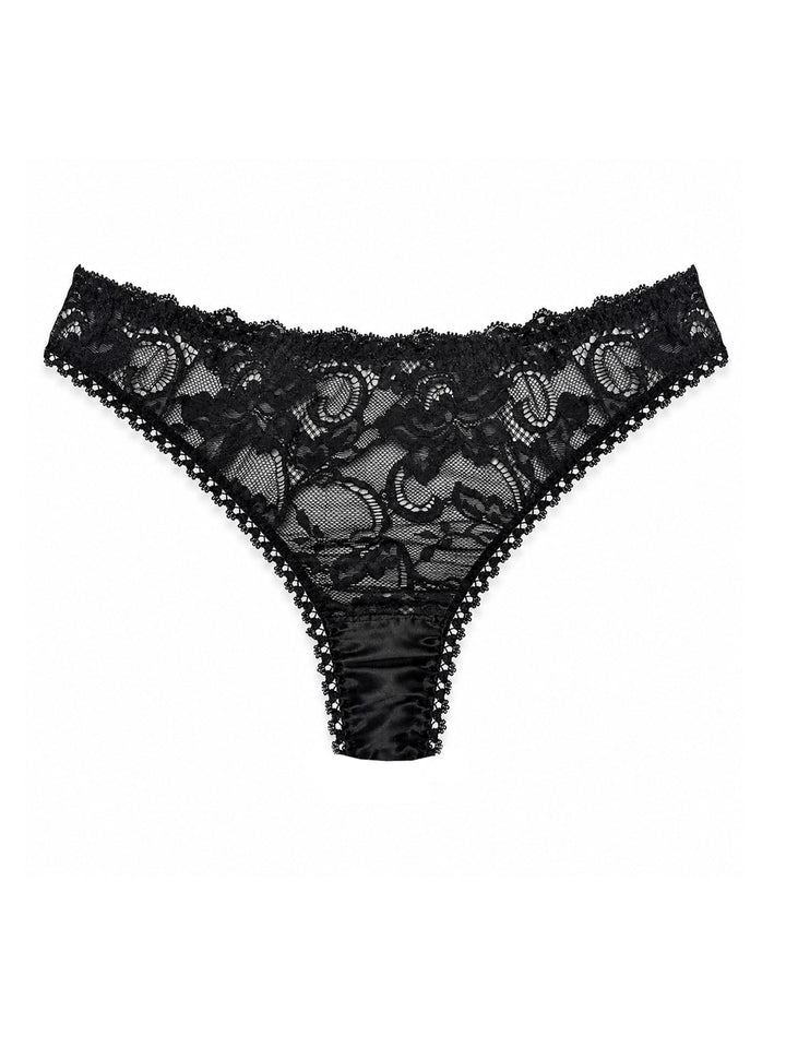 Luna black silk thong front view on white background - handmade luxury lingerie Brighton