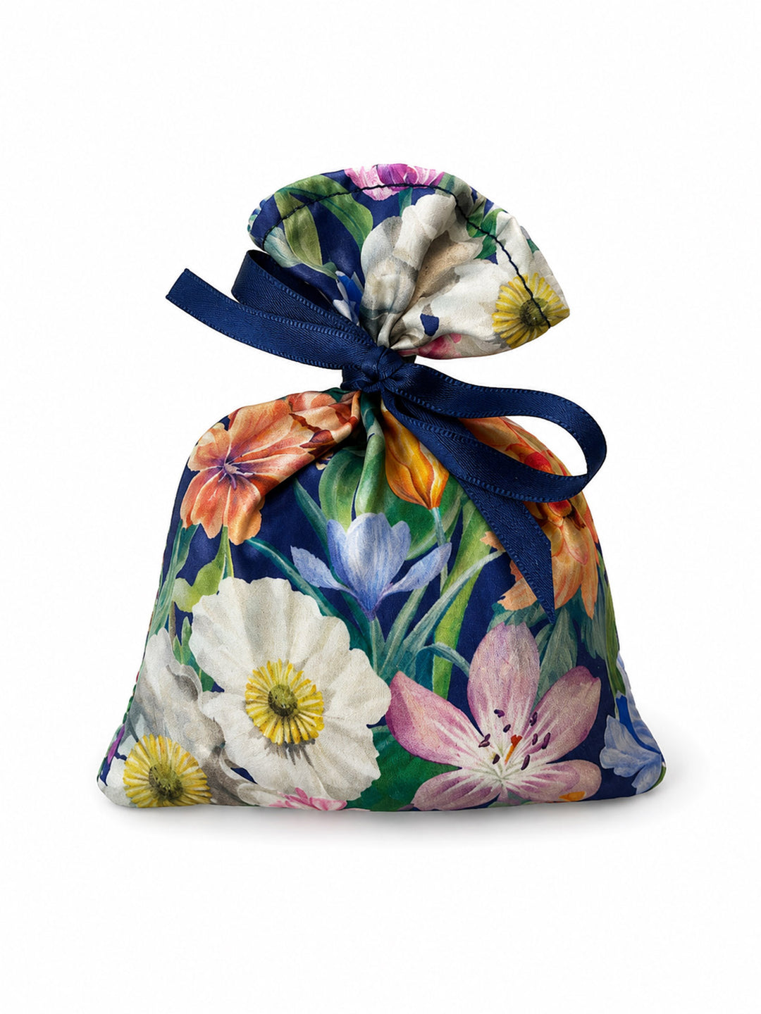Melody Bloom Liberty London silk lavender bag with navy floral print - handmade luxury aromatherapy gift by Ayten Gasson