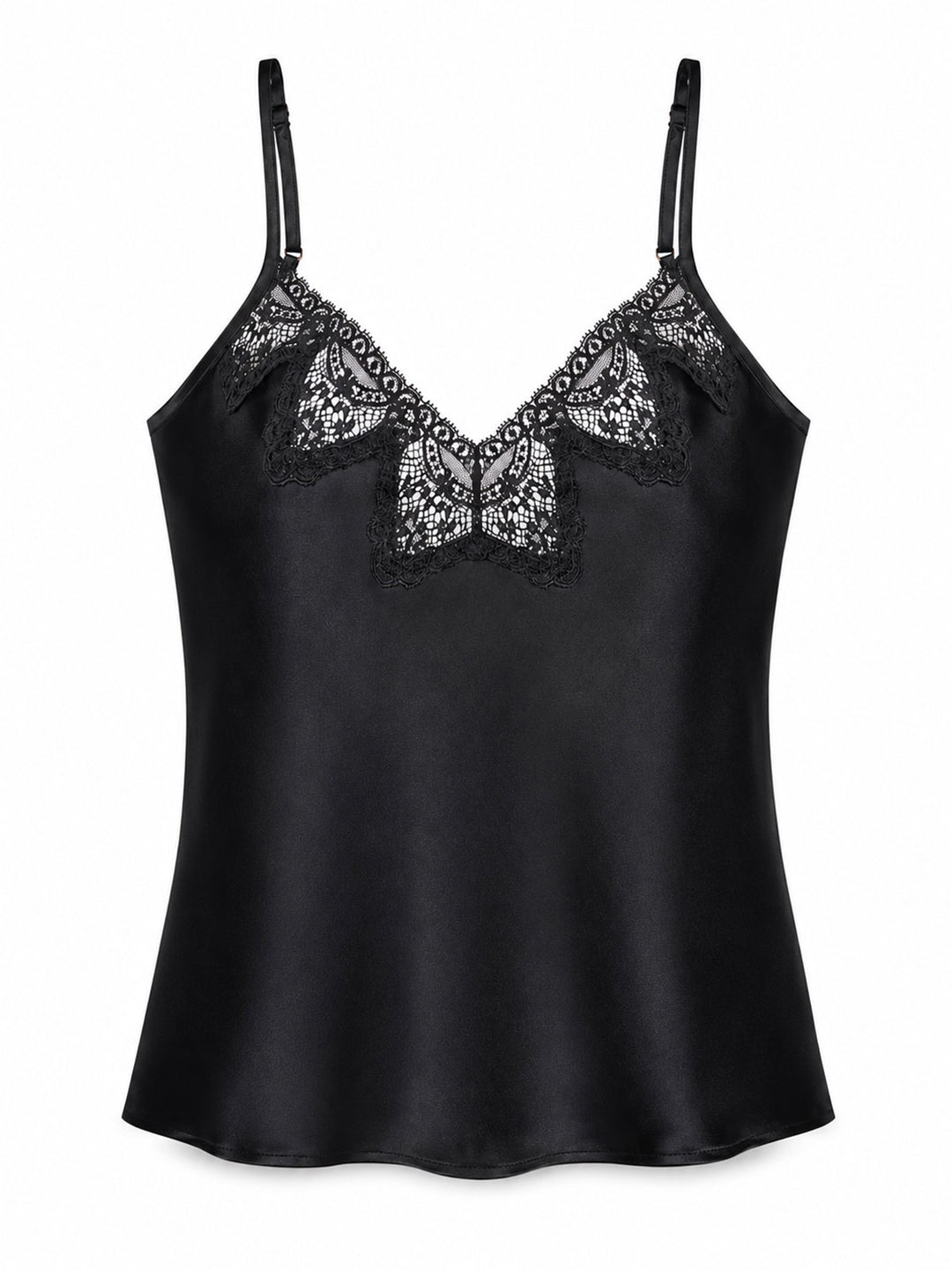 Luxury black silk camisole with deep V-neckline and English Cluny lace - handmade nightwear