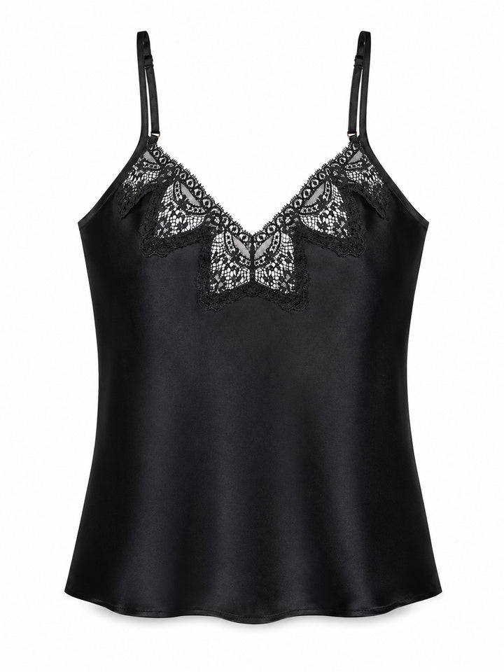Luxury black silk camisole with deep V-neckline and English Cluny lace - handmade nightwear