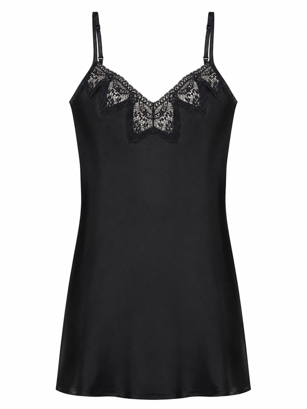 Luxury black silk slip with V-neckline and English Cluny lace - handmade nightwear made in Brighton