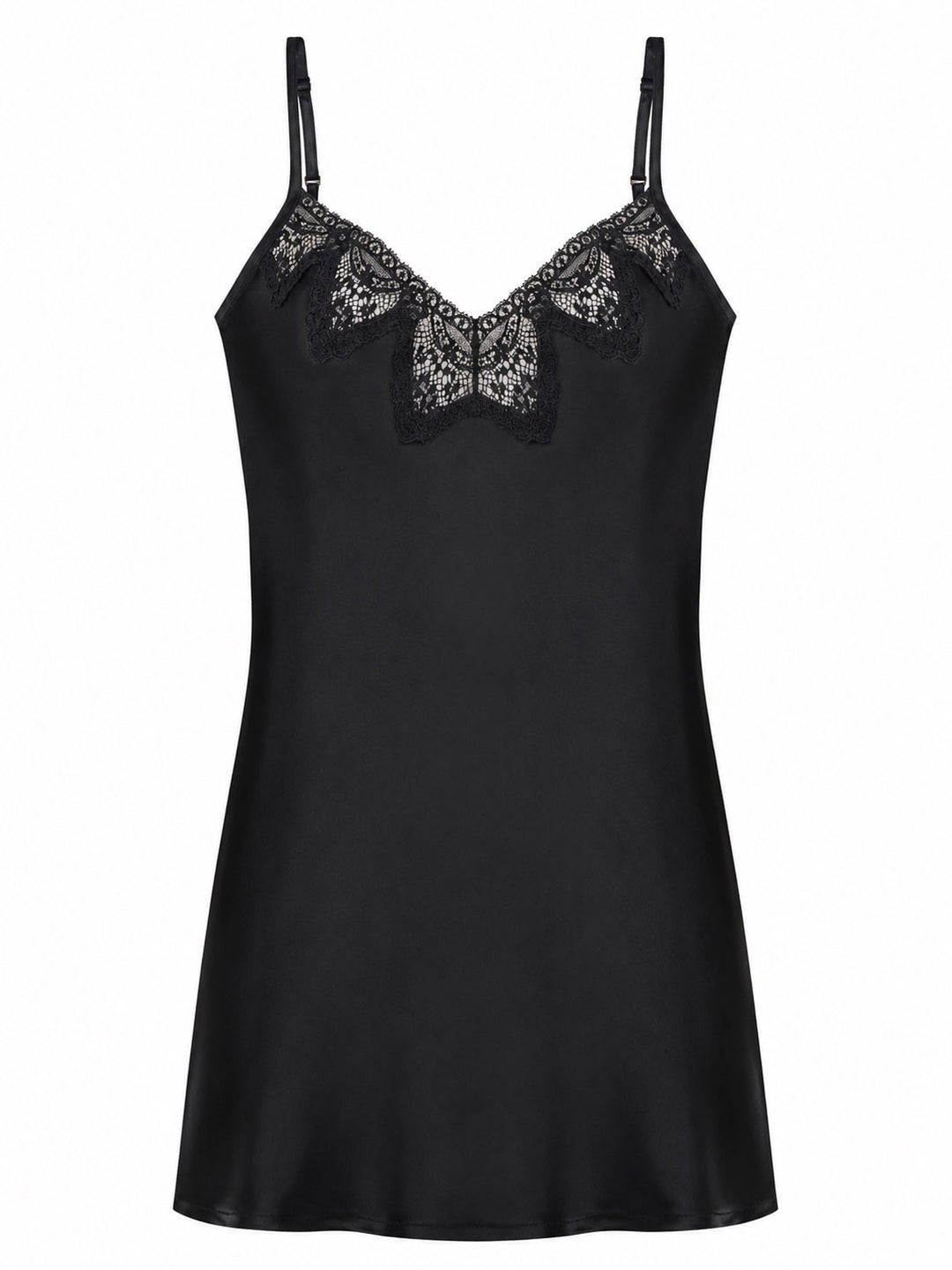 Luxury black silk slip with V-neckline and English Cluny lace - handmade nightwear made in Brighton