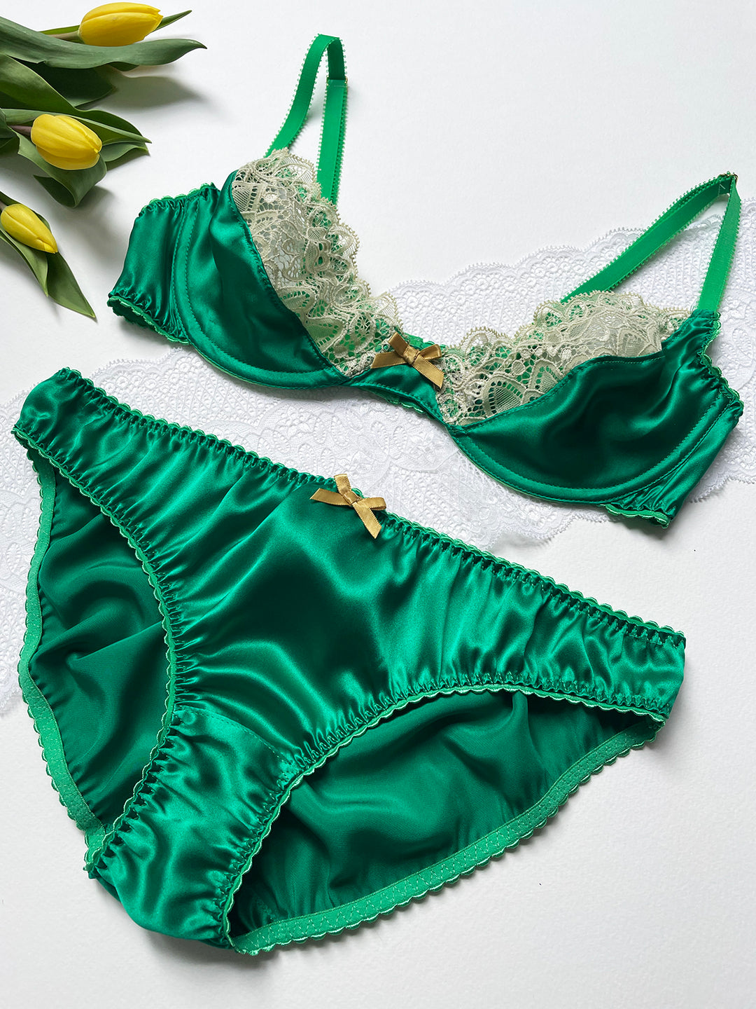 Beatrix emerald green silk bra and knicker set - handmade luxury lingerie by Ayten Gasson