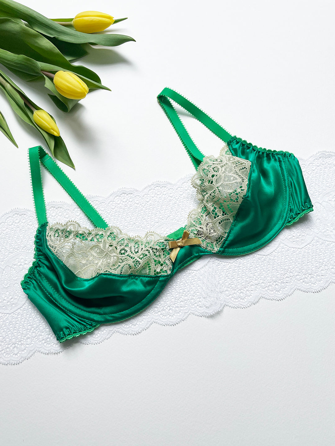 Beatrix emerald green silk bra lifestyle image - luxury handmade lingerie made in Brighton UK