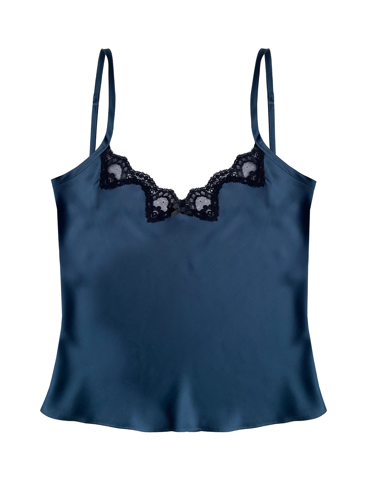 Sustainable bamboo silk camisole with Cluny floral lace and bias-cut fit