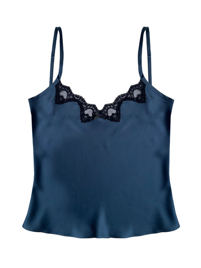 Sustainable bamboo silk camisole with Cluny floral lace and bias-cut fit