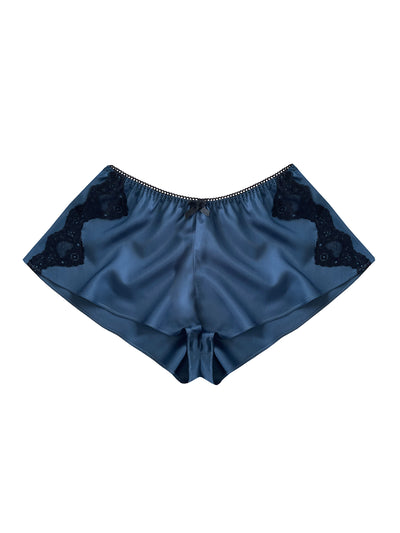 Sustainable blue French knicker crafted from bamboo silk with delicate English lace trim