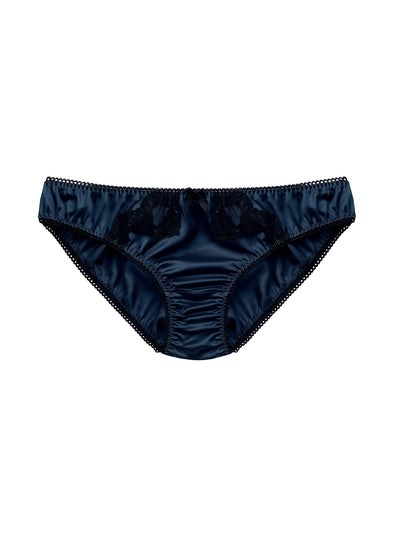 Sustainable blue bamboo knicker, biodegradable and eco-friendly, featuring exquisite English lace detailing