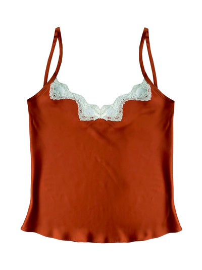 Sustainable bamboo silk camisole featuring adjustable straps and handcrafted Cluny lace details