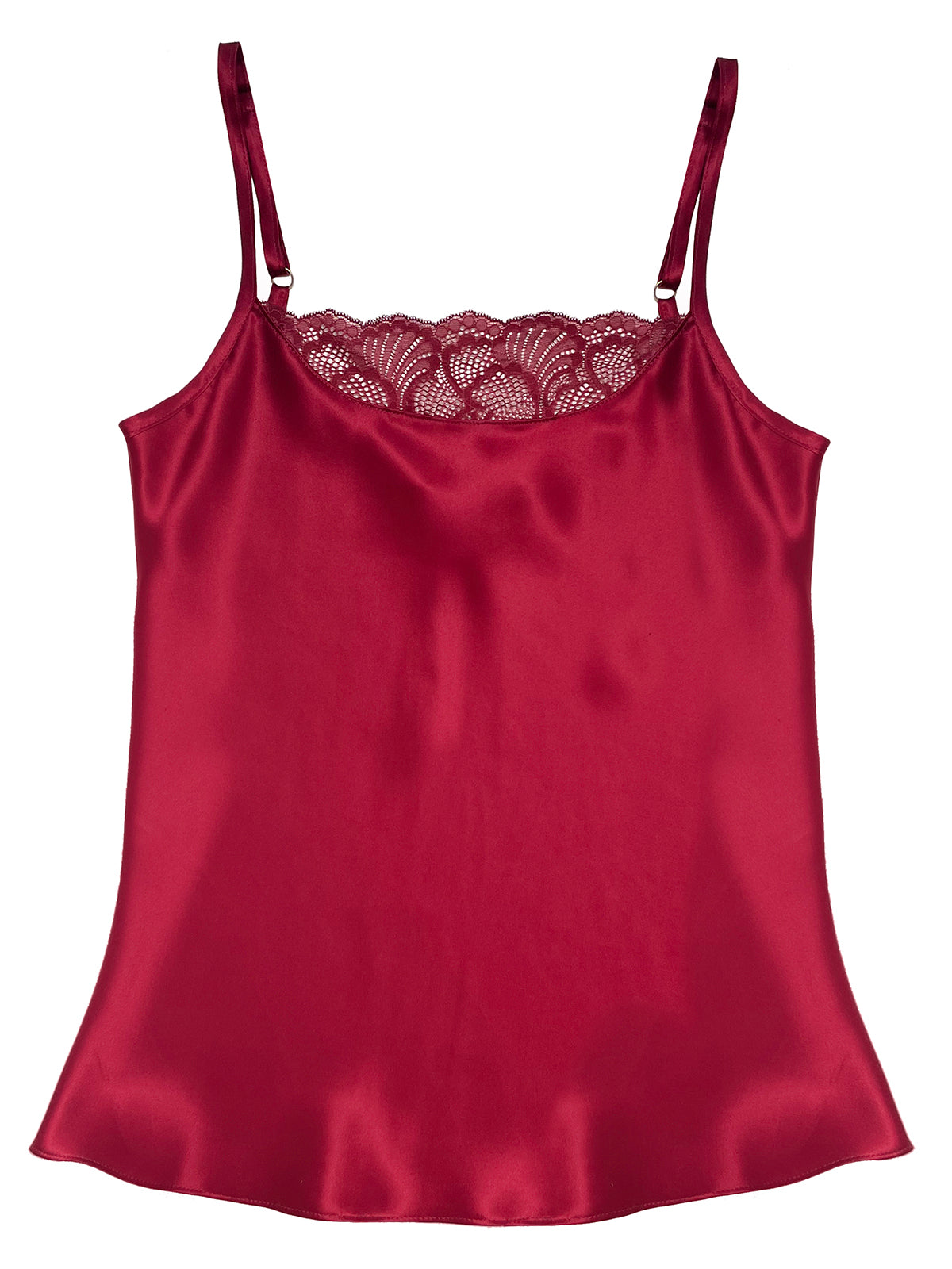 Beneath The Bloom Burgundy Silk Camisole by Ayten Gasson with lace trim on a white background