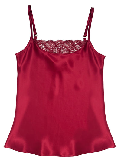 Beneath The Bloom Burgundy Silk Camisole by Ayten Gasson with lace trim on a white background