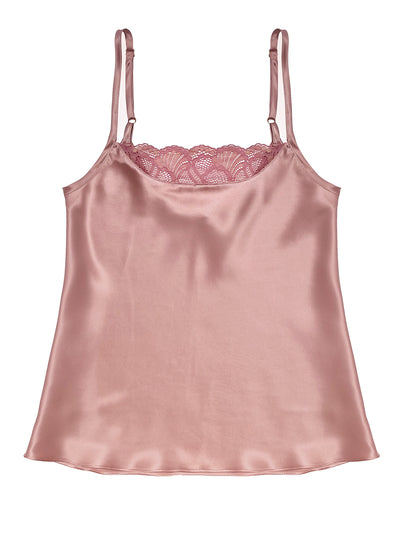 Beneath The Bloom Rose Silk Camisole with lace trim on a white background