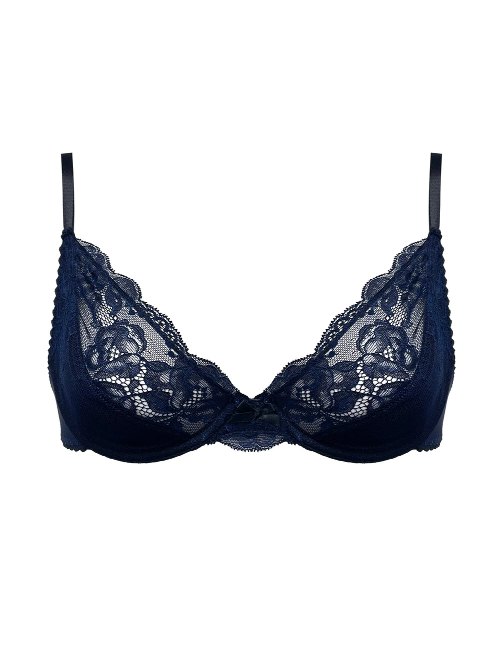 Camilla navy silk plunge bra product shot - handmade luxury underwire lingerie by Ayten Gasson