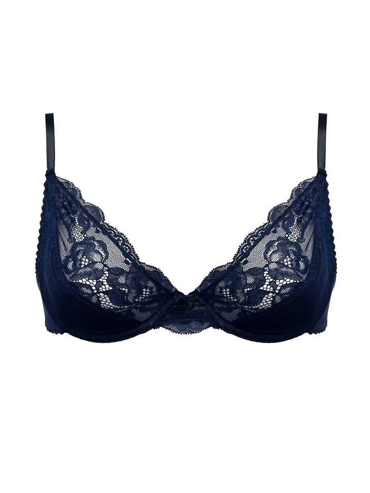 Camilla navy silk plunge bra product shot - handmade luxury underwire lingerie by Ayten Gasson