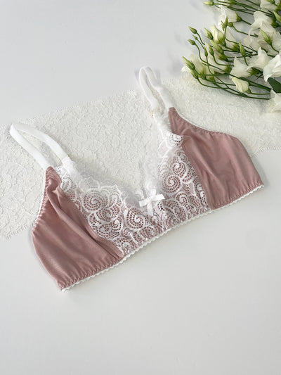 Handcrafted pink bralette made from GOTS certified organic bamboo jersey and Oeko-Tex certified lace for a safe, eco-friendly option