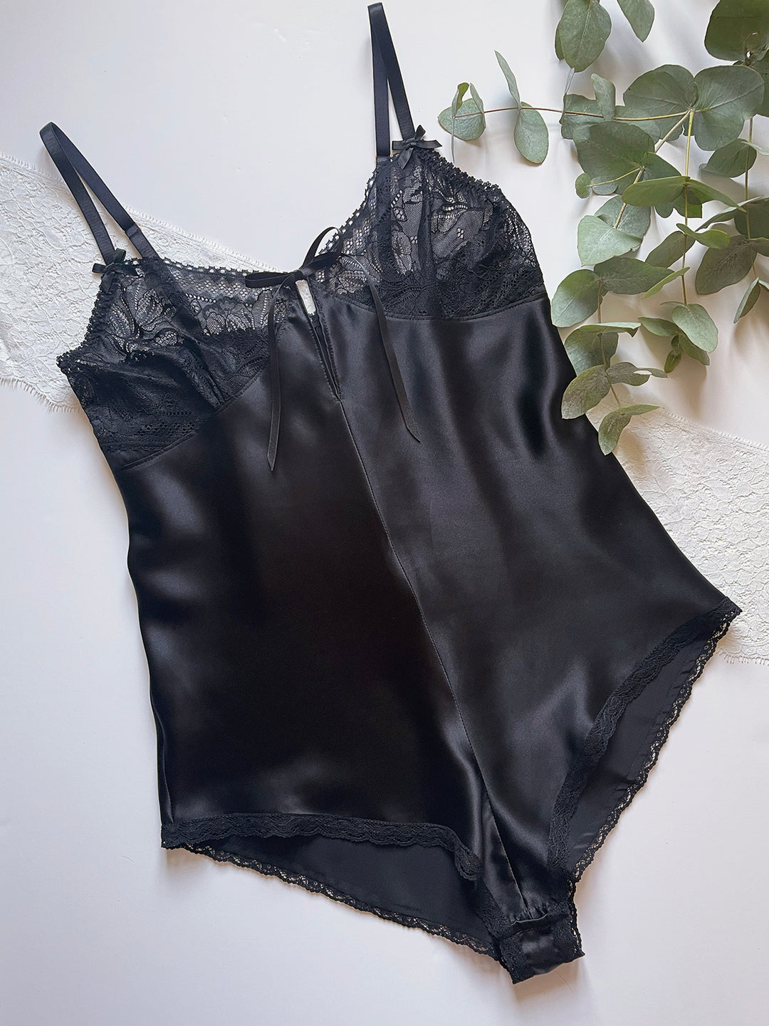 Clara black silk and lace teddy lifestyle - vintage-inspired luxury lingerie with bias-cut fit handmade in UK
