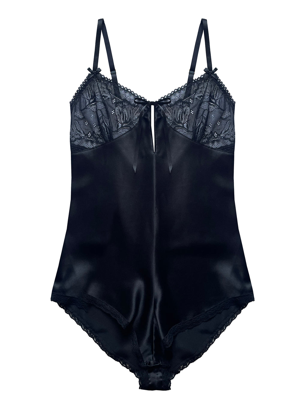Clara black silk teddy with Oeko-Tex lace cups and adjustable gold straps - handmade luxury lingerie