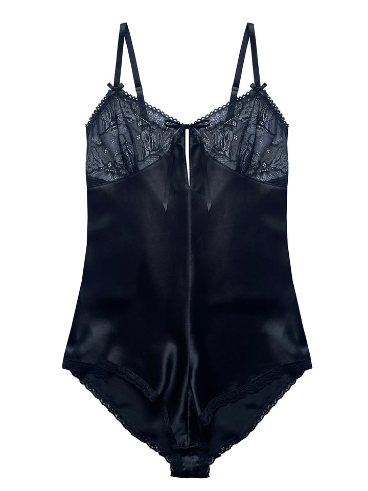 Clara black silk teddy with Oeko-Tex lace cups and adjustable gold straps - handmade luxury lingerie