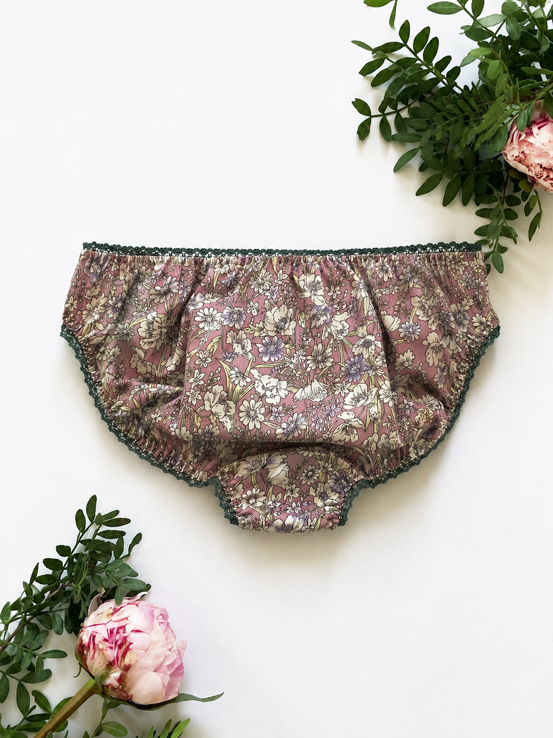 Dusty Rose Country Garden Cotton Knicker – vintage wildflower print on soft blush cotton, handmade in our Brighton studio