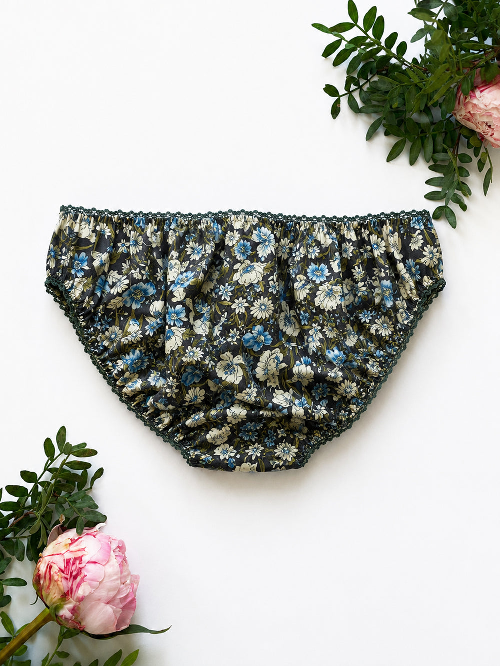 Country Garden Cotton Knicker Back in Grey – OEKO-TEX® certified floral cotton knicker, handmade in Brighton by Ayten Gasson