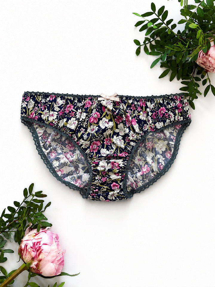 Country Garden Cotton Knicker in Navy – OEKO-TEX® certified floral cotton knicker, handmade in Brighton by Ayten Gasson