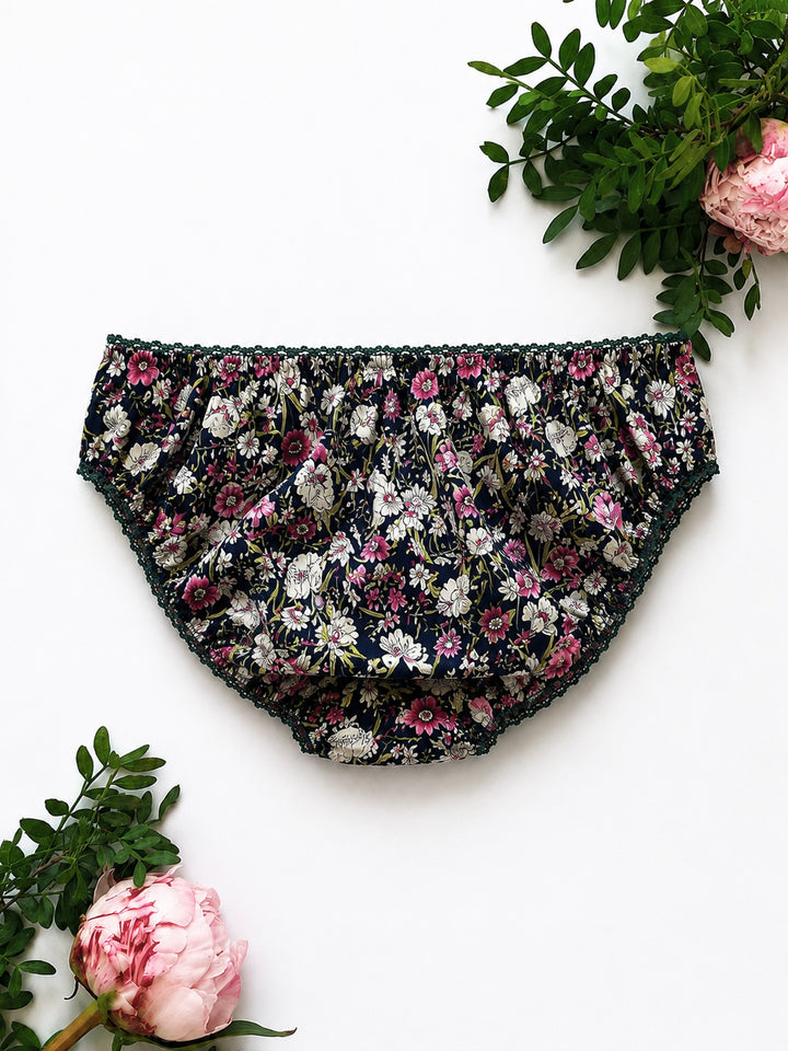 Navy Country Garden Cotton Knicker – golden wildflower print on deep navy cotton, handmade in our Brighton studio